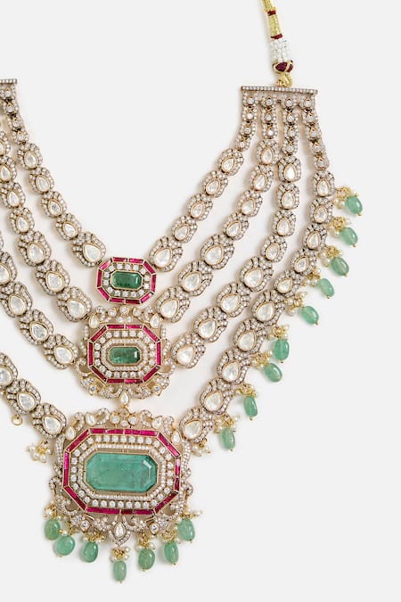 Shop_Vivinia By Vidhi Mehra_Green Pearls, Stones, Beads Regal Kundan And Emerald Statement Necklace Set _Online_at_Aza_Fashions