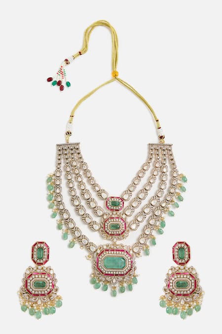 Vivinia By Vidhi Mehra Regal Kundan & Emerald Statement Necklace Set 