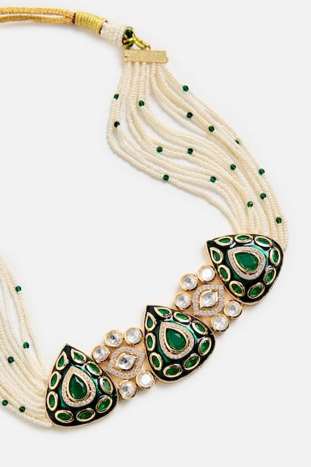 Shop_Vivinia By Vidhi Mehra_Green Gemstones, Stones, Crystals Emerald Choker Set _Online_at_Aza_Fashions