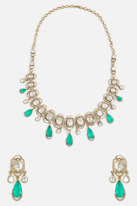 Vivinia By Vidhi Mehra Elegant Green Drop Kundan Necklace Set 