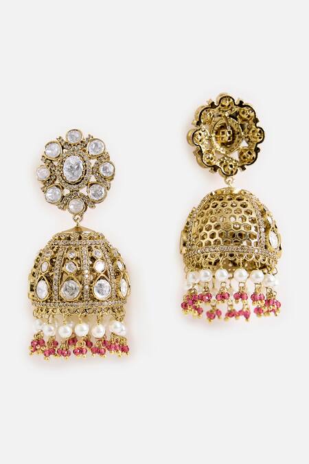 Vivinia By Vidhi Mehra_Gold Plated Pearls, Beads, Stones And Kundan Drop Jhumka Earrings _Online_at_Aza_Fashions