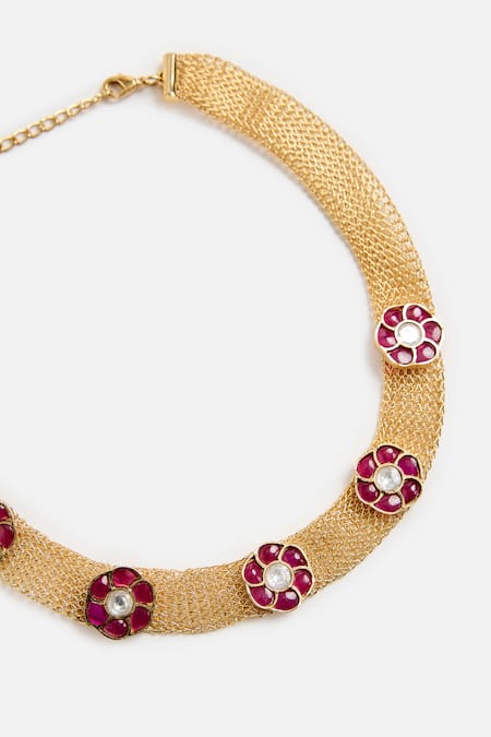 Shop_Vivinia By Vidhi Mehra_Gold Plated Stones Ruby Choker Necklace Set _Online_at_Aza_Fashions