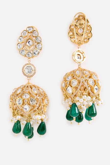 Vivinia By Vidhi Mehra_Green Stones, Pearls Emerald Drop Statement Earrings _Online_at_Aza_Fashions