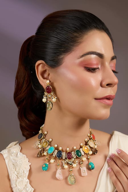 Vivinia By Vidhi Mehra Multicolor Gemstone Choker Set 