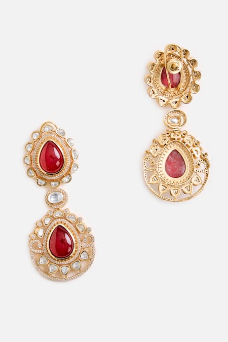 Vivinia By Vidhi Mehra_Red Stones, Faux Diamonds Ruby Statement Drop Earrings _Online_at_Aza_Fashions