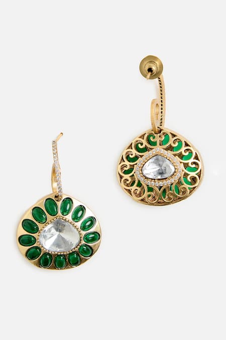 Vivinia By Vidhi Mehra_Emerald Green Stones, Crystals Round Drop Earrings _Online_at_Aza_Fashions