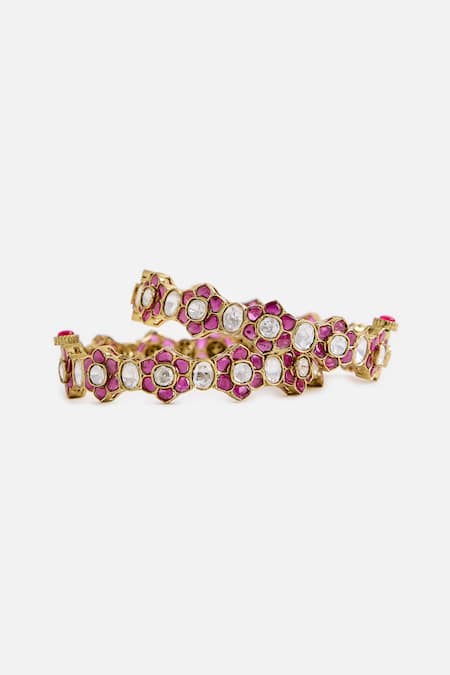 Buy_Vivinia By Vidhi Mehra_Gold Plated Stones, Crystals Ruby Kundan Embellished Bangles _Online_at_Aza_Fashions