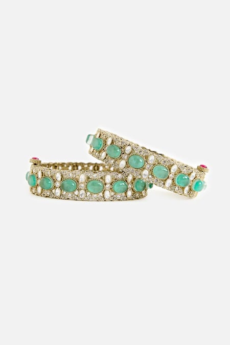 Vivinia By Vidhi Mehra_Green Stones, Kundan Embellished Bangles _Online_at_Aza_Fashions
