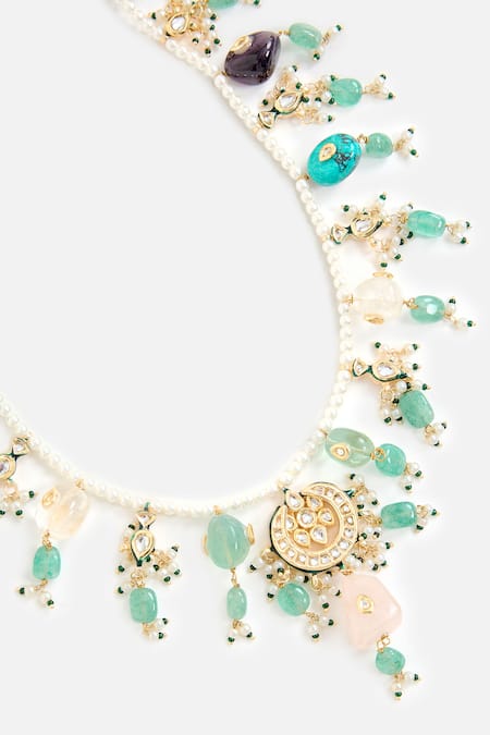 Shop_Vivinia By Vidhi Mehra_Green Beads, Pearls, Stones Floral Layered Embellished Necklace Set _Online_at_Aza_Fashions