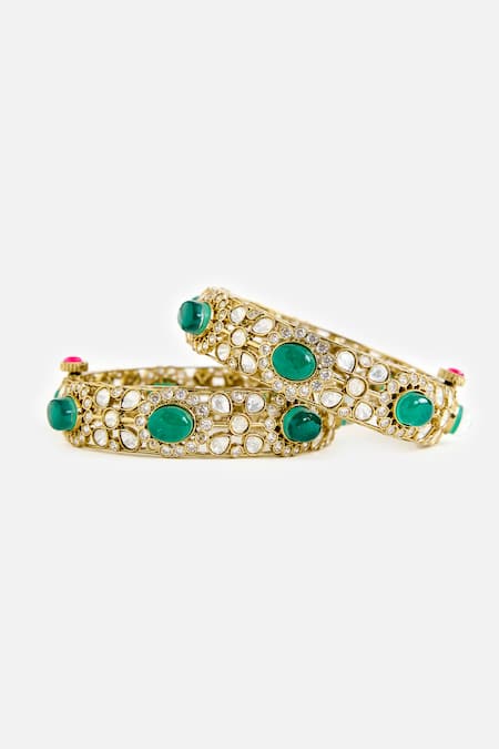 Vivinia By Vidhi Mehra_Green Stones, Faux Diamonds, Crystals And Polki Embellished Bangles _Online_at_Aza_Fashions