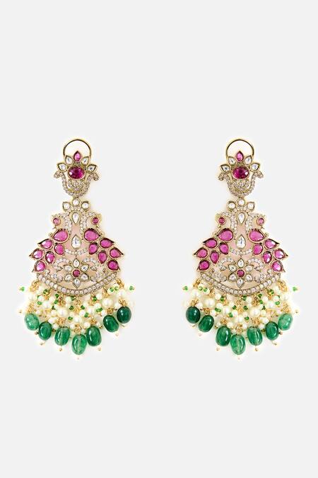 Vivinia By Vidhi Mehra_Green Stones, Pearls, Beads Embellished Chandeliers _Online_at_Aza_Fashions