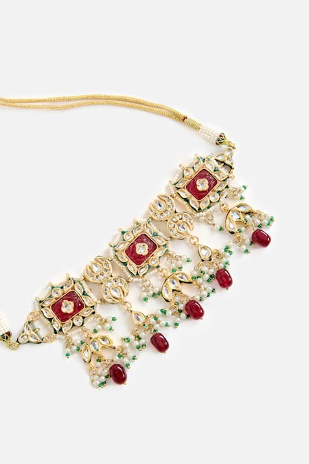 Vivinia By Vidhi Mehra_Red Stones, Pearls, Beads Embellished Choker Necklace Set _Online_at_Aza_Fashions