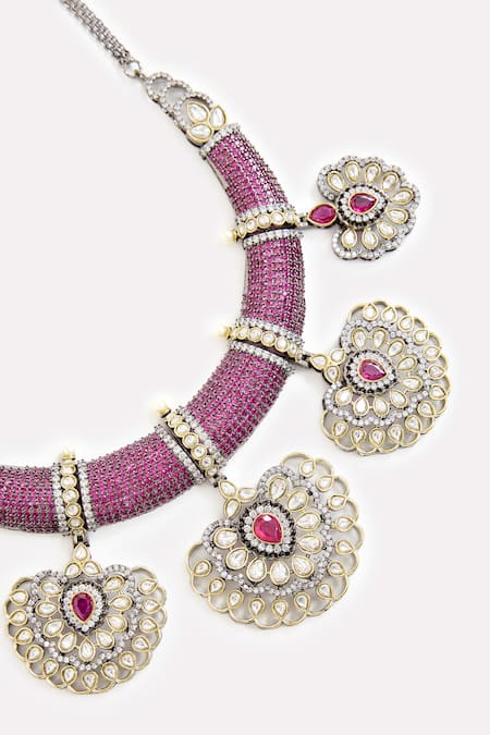 Shop_Vivinia By Vidhi Mehra_Pink Stones Purple Bead And Kundan Embellished Necklace Set _Online_at_Aza_Fashions