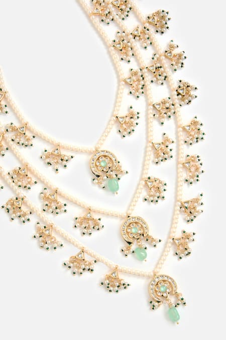 Shop_Vivinia By Vidhi Mehra_White Pearls, Stones, Beads Layered Embellished Necklace Set _Online_at_Aza_Fashions