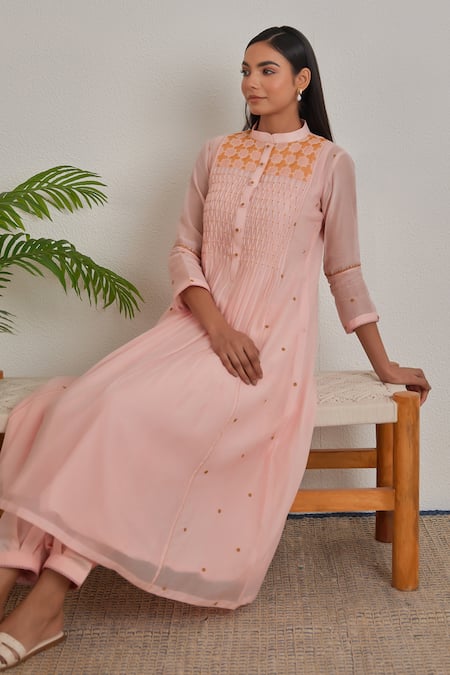 Shop_Khamaj India_Peach Chanderi, Cotton Embroidery, Applique Mandarin Elora Kurta And Pant Set _Online_at_Aza_Fashions