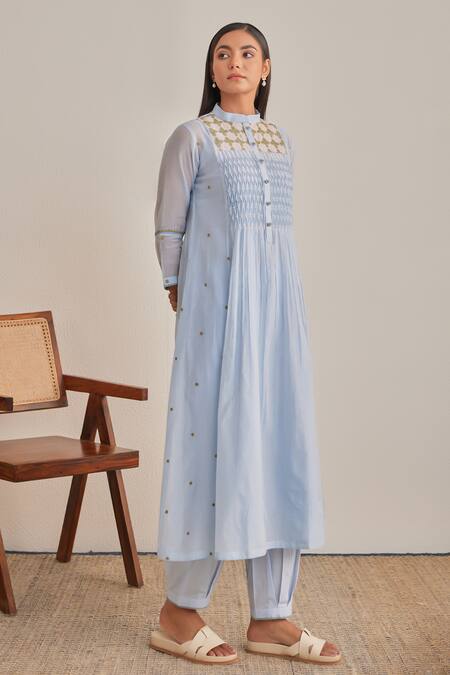 Buy_Khamaj India_Sky Blue Chanderi, Cotton Embroidery, Applique Mandarin Elora Kurta And Pant Set _Online_at_Aza_Fashions