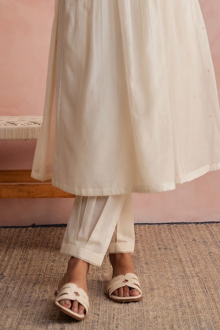 Buy_Khamaj India_Cream Chanderi, Cotton Embroidery, Applique, Smocking Elora Kurta And Pant Set _Online_at_Aza_Fashions