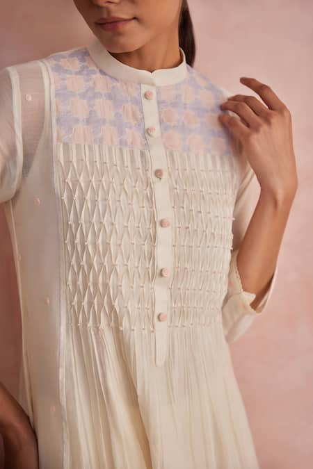 Khamaj India_Cream Chanderi, Cotton Embroidery, Applique, Smocking Elora Kurta And Pant Set _at_Aza_Fashions