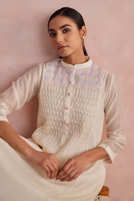 Buy_Khamaj India_Cream Chanderi, Cotton Embroidery, Applique, Smocking Elora Kurta And Pant Set 