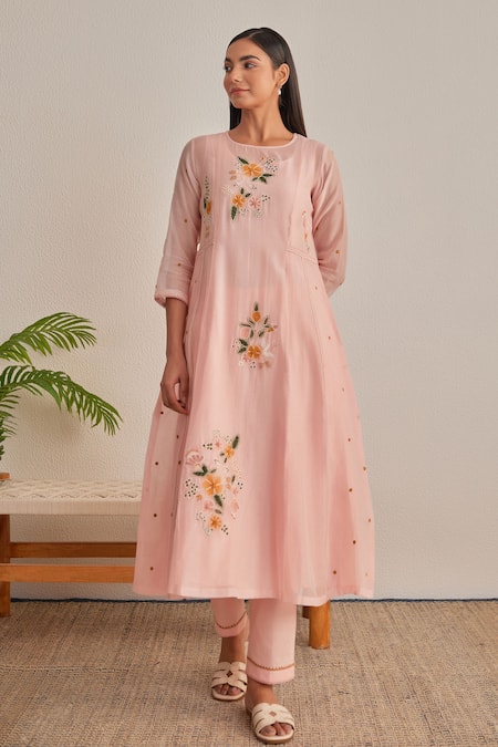 Khamaj India_Pink Chanderi, Cotton Embroidery, Applique Round Neck Eden Floral Kurta Set _Online_at_Aza_Fashions