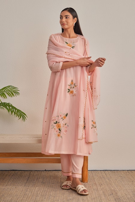 Buy_Khamaj India_Pink Chanderi, Cotton Embroidery, Applique Round Neck Eden Floral Kurta Set _Online_at_Aza_Fashions
