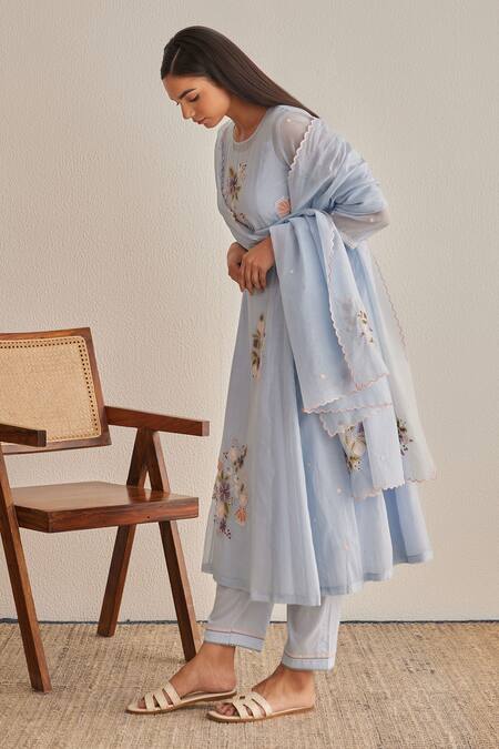 Buy_Khamaj India_Blue Chanderi, Cotton Embroidery, Applique, Piping Round Eden Kurta And Pant Set _Online_at_Aza_Fashions