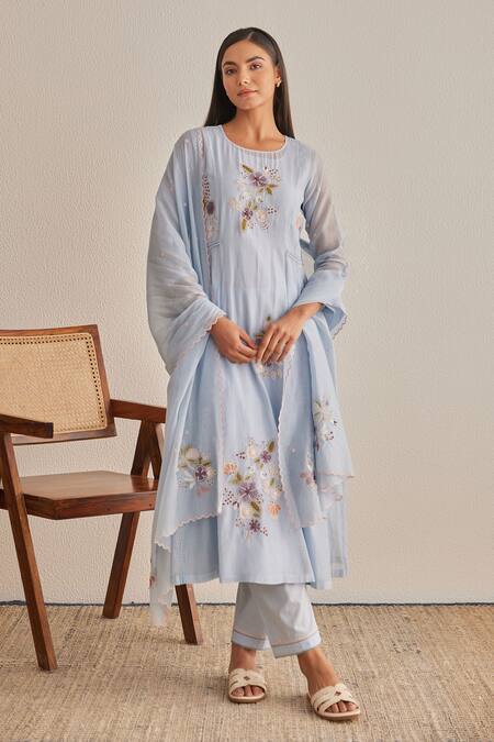 Shop_Khamaj India_Blue Chanderi, Cotton Embroidery, Applique, Piping Round Eden Kurta And Pant Set _Online_at_Aza_Fashions