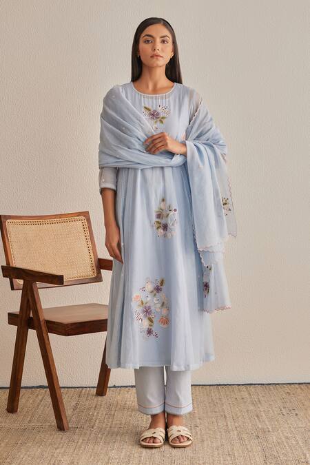 Khamaj India_Blue Chanderi, Cotton Embroidery, Applique, Piping Round Eden Kurta And Pant Set _at_Aza_Fashions