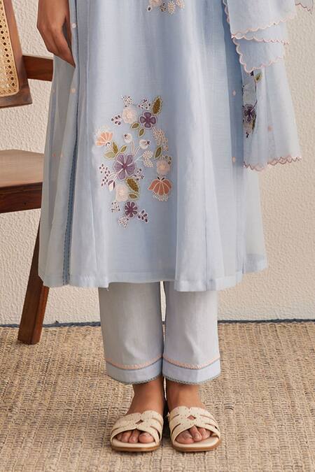 Khamaj India_Blue Chanderi, Cotton Embroidery, Applique Round Neck Eden Kurta Set _Online_at_Aza_Fashions