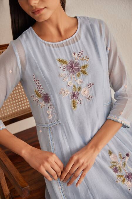 Buy_Khamaj India_Blue Chanderi, Cotton Embroidery, Applique Round Neck Eden Kurta Set _Online_at_Aza_Fashions
