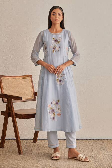 Buy_Khamaj India_Blue Chanderi, Cotton Embroidery, Applique Round Neck Eden Kurta Set 