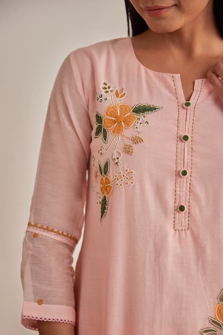 Khamaj India_Pink Chanderi, Cotton Embroidery, Applique Split V-neck Diana Kurta And Pant Set _Online_at_Aza_Fashions