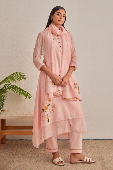 Shop_Khamaj India_Pink Chanderi, Cotton Embroidery, Applique Split V-neck Diana Kurta And Pant Set _Online_at_Aza_Fashions