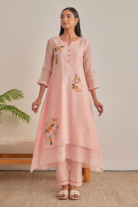 Shop_Khamaj India_Pink Chanderi, Cotton Embroidery, Applique Split V-neck Diana Kurta Set _Online_at_Aza_Fashions