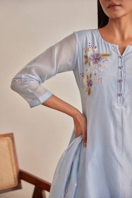 Khamaj India_Sky Blue Chanderi, Cotton Embroidery, Applique, Diana Layered Kurta And Pant Set _Online_at_Aza_Fashions