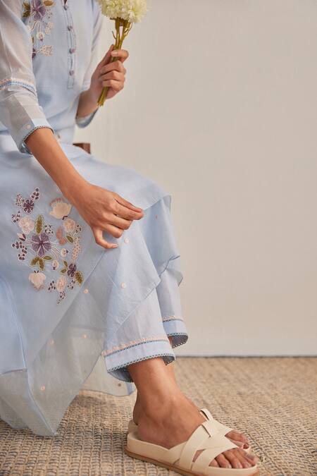 Shop_Khamaj India_Sky Blue Chanderi, Cotton Embroidery, Applique, Diana Layered Kurta And Pant Set _Online_at_Aza_Fashions