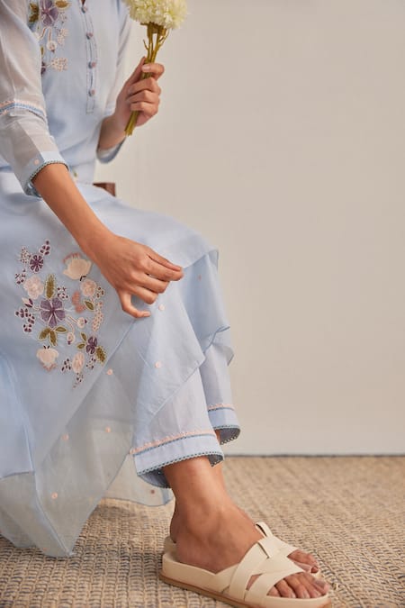 Shop_Khamaj India_Blue Chanderi, Cotton Embroidery, Applique Split V-neck Diana Kurta Set _Online_at_Aza_Fashions