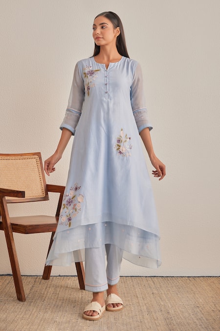 Khamaj India_Blue Chanderi, Cotton Embroidery, Applique Split V-neck Diana Kurta Set _at_Aza_Fashions