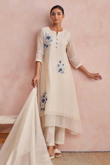 Shop_Khamaj India_Cream Chanderi, Cotton Embroidery, Applique Round Neck Diana Kurta And Pant Set _Online_at_Aza_Fashions