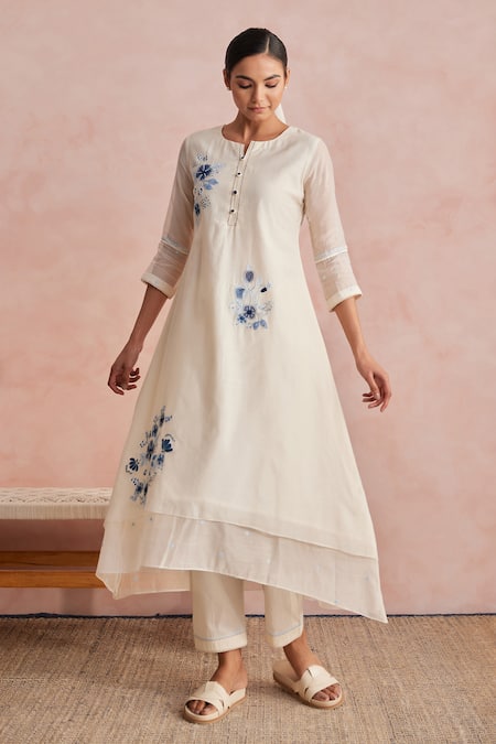 Khamaj India_Cream Chanderi, Cotton Embroidery, Applique Round Neck, Diana Work Kurta Set _Online_at_Aza_Fashions