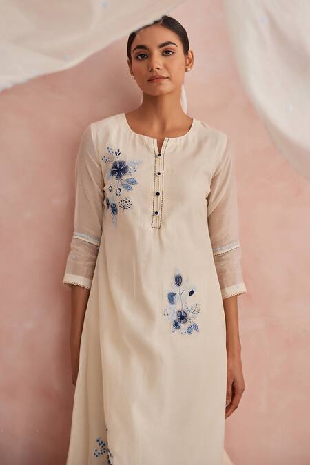 Buy_Khamaj India_Cream Chanderi, Cotton Embroidery, Applique Round Neck, Diana Work Kurta Set _Online_at_Aza_Fashions