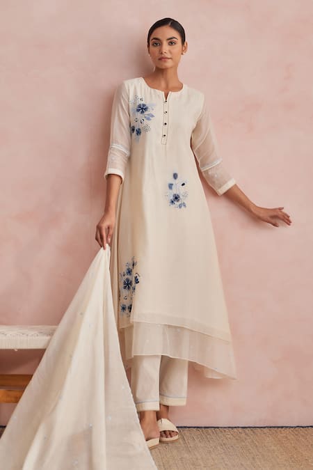 Shop_Khamaj India_Cream Chanderi, Cotton Embroidery, Applique Round Neck, Diana Work Kurta Set _Online_at_Aza_Fashions