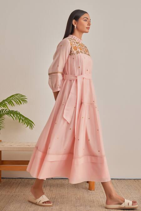 Buy_Khamaj India_Peach Chanderi Embroidery High Neck Ellen Applique Hand Dress _Online_at_Aza_Fashions