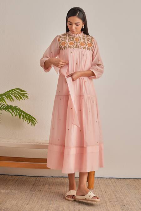 Shop_Khamaj India_Peach Chanderi Embroidery High Neck Ellen Applique Hand Dress _Online_at_Aza_Fashions