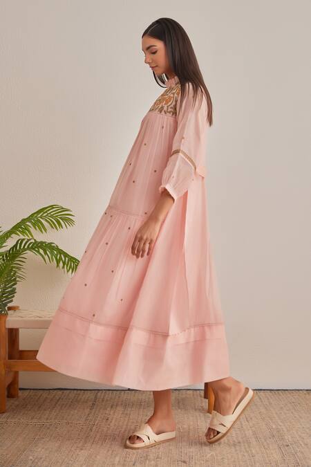 Khamaj India_Peach Chanderi Embroidery High Neck Ellen Applique Hand Dress _at_Aza_Fashions