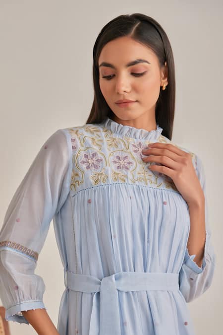 Khamaj India_Blue Chanderi Embroidery, Applique High Neck Ellen Dress With Belt _Online_at_Aza_Fashions