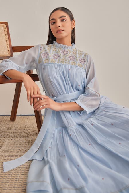 Khamaj India_Blue Chanderi Embroidery, Applique High Neck Ellen Dress With Belt _at_Aza_Fashions