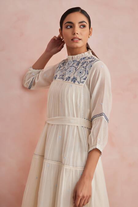 Khamaj India_Cream Chanderi, Cotton Embroidery, Applique High Neck Ellen Hand Dress _Online_at_Aza_Fashions