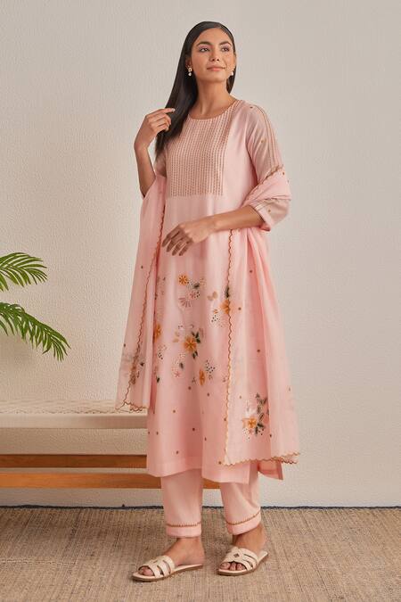 Khamaj India_Pink Chanderi, Cotton Embroidery, Applique Round Neck Tulip Kurta Set _at_Aza_Fashions