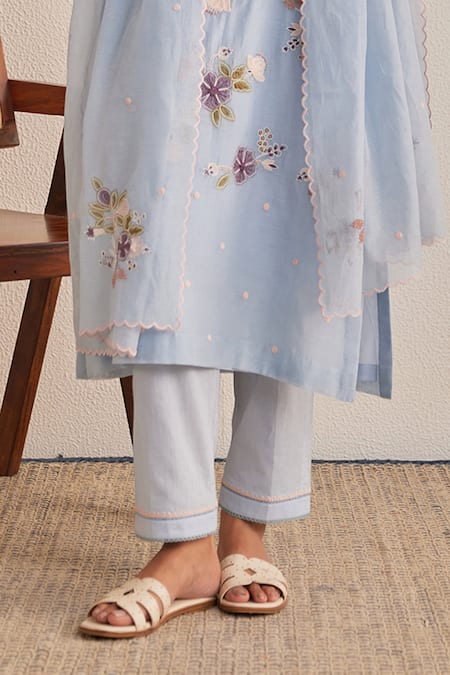 Buy_Khamaj India_Blue Chanderi, Cotton Embroidery, Applique Round Neck, Tulip Kurta And Pant Set _Online_at_Aza_Fashions